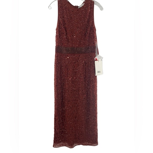 NWT Mac Duggal Brick Red Geometric Embellished Sleeveless A Line Dress 4 - Picture 7 of 9